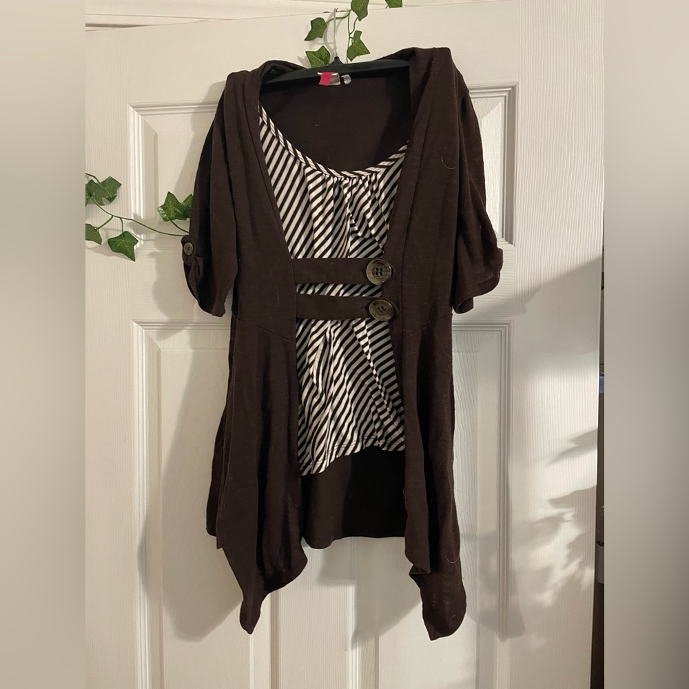 Brown & Cream Striped one piece cardigan/shirt M